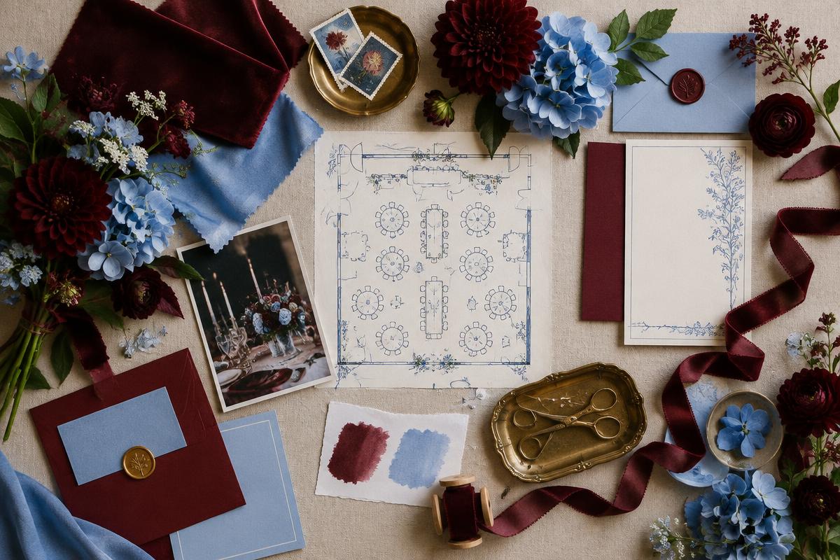 Event planning moodboard with fabric and floral details